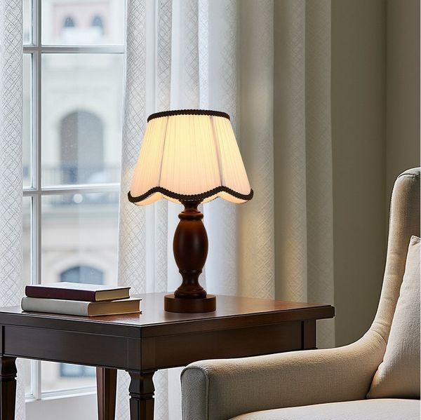 STANBOW Tischleuchte Klassische Tischlampe aus dunkler Eiche im antikem Stil, Holz, Elegant, LED wechselbar, Warmweiß, Dekorativer Schirm, Beistelltisch & Sideboards, E27, LED wechselbar