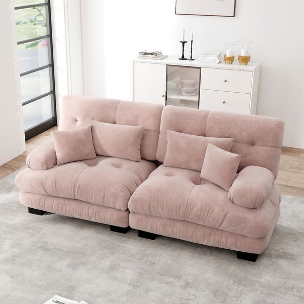 Flieks 2-Sitzer Sofa, Cloud Doppelsofa aus Chenille mit 2 Lenden- & 2 Dekokissen, Rosa
