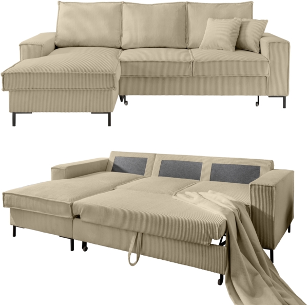 Ecksofa Récamiere Schlaffunktion Bettkasten Couch Polsterecke in Cord Beige Grau