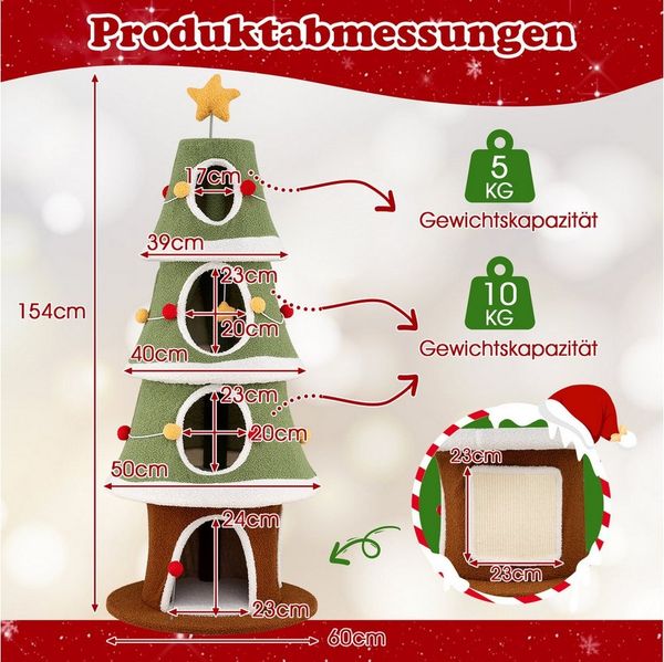 COSTWAY Kratzbaum, Katzenbaum, mit 4 Höhlen, Katzenmöbel Weihnachtsbaum, 154 cm
