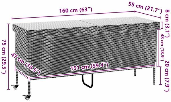 vidaXL Gartentruhe mit Rollen Schwarz 160x55x75 cm Poly Rattan 4103831 Bild 11