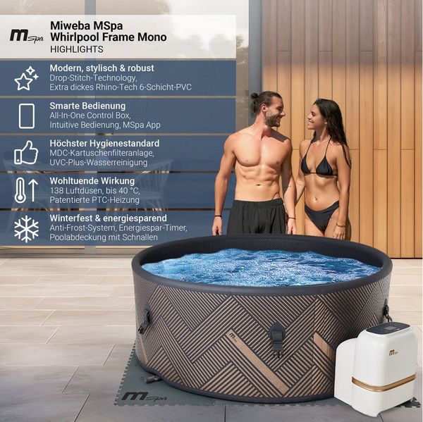 mSpa Whirlpool Outdoor Frame Mono F-MO061, (Whirlpool Outdoor 6 Personen, Luxus Garten Pool, Whirlpool aufblasbar, 2-tlg, Whirlpool mit Schnellheizsystem, Whirlpool Outdoor winterfest), 138 Düsen - Isolierabdeckung - Ozongenerator - modernes Design