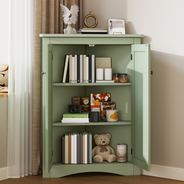 Eckschrank,Lack Feuchtigkeitsschutz, 2 Einlegeböden 3 Ebenen, Kippschutz, platzsparend für Bad Küche Wohnzimmer,Grün