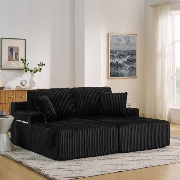 Schlafsofa 2-Sitzer in Schwarz, weicher Kordstoff, Relaxsessel mit Schlaffunktion, Getränkehalter und Seitentasche,78x186x154 cm