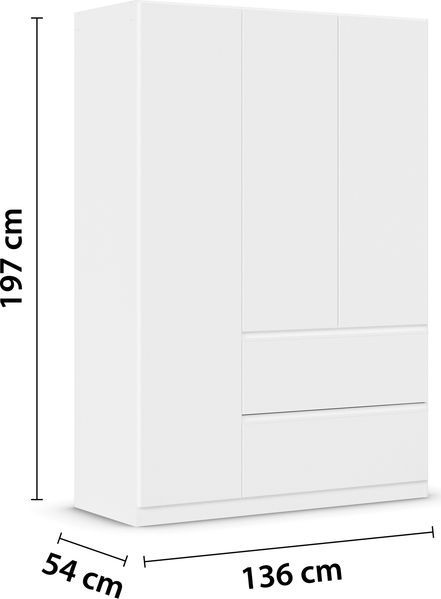 rauch Kleiderschrank, Drehtürenschrank COSTA, 3-türig, 2 Schubkästen, push-to-open, Alpinweiß, 136 x 197 x 54 cm Bild 4