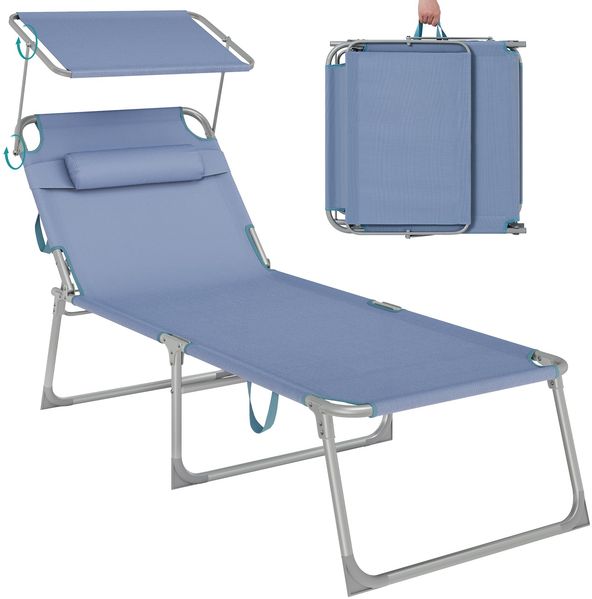 SONGMICS - Sonnenliege, klappbar, 71 x 200 x 38 cm, Tragkraft 150 kg, mit Sonnenschirm, Rückenlehne verstellbar, für Garten, Pool, Terrasse, Blau GCB022Q01