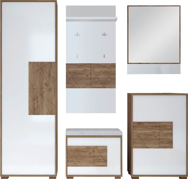OTTO home Garderoben-Set Stela, (Set, 5-St, Garderobenschrank,Schuhschrank,Schuhbank,Garderobenpaneel,Wandspiegel), Hochglanz UV-lackiert