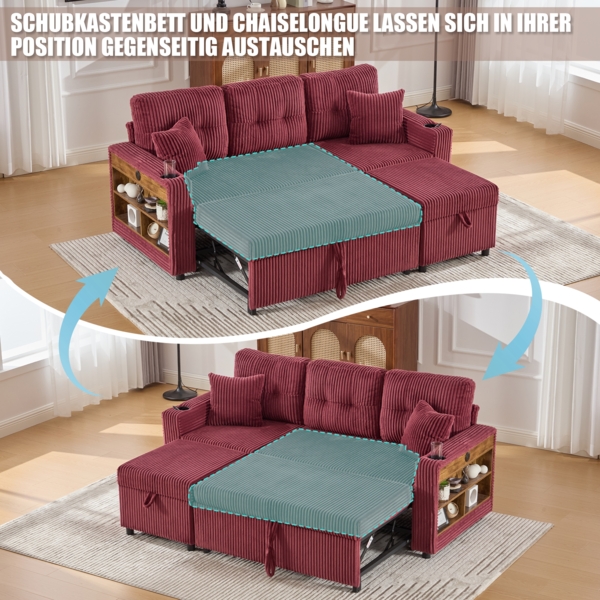 Flieks 3-Sitzer-Schlafsofa mit Schlaffunktion, Mehrfunktionales Cord-Sofa mit Stauraum & Ausziehbett. Inkl. USB-C, Ambientebeleuchtung, Getränkehaltern & breiten Armlehnen, Weinrot Bild 2