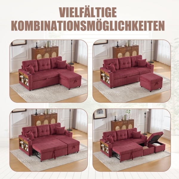 Flieks 3-Sitzer-Schlafsofa mit Schlaffunktion, Mehrfunktionales Cord-Sofa mit Stauraum & Ausziehbett. Inkl. USB-C, Ambientebeleuchtung, Getränkehaltern & breiten Armlehnen, Weinrot Bild 9