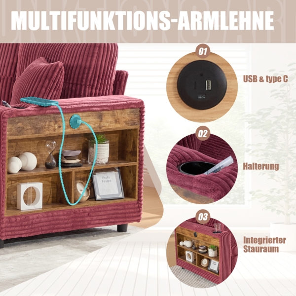 Flieks 3-Sitzer-Schlafsofa mit Schlaffunktion, Mehrfunktionales Cord-Sofa mit Stauraum & Ausziehbett. Inkl. USB-C, Ambientebeleuchtung, Getränkehaltern & breiten Armlehnen, Weinrot Bild 6
