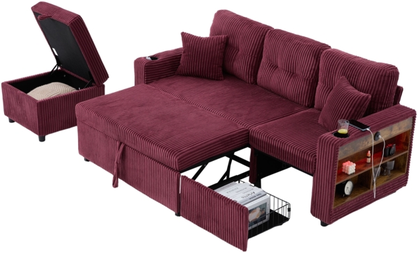 Flieks 3-Sitzer-Schlafsofa mit Schlaffunktion, Mehrfunktionales Cord-Sofa mit Stauraum & Ausziehbett. Inkl. USB-C, Ambientebeleuchtung, Getränkehaltern & breiten Armlehnen, Weinrot Bild 10