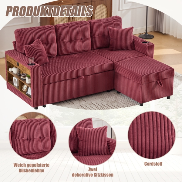 Flieks 3-Sitzer-Schlafsofa mit Schlaffunktion, Mehrfunktionales Cord-Sofa mit Stauraum & Ausziehbett. Inkl. USB-C, Ambientebeleuchtung, Getränkehaltern & breiten Armlehnen, Weinrot Bild 7