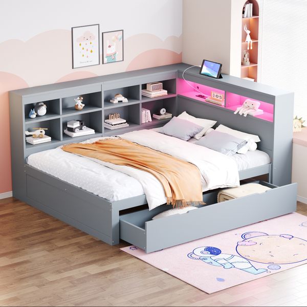 Schlafsofa aus Massivholz mit Stauraum, USB-Anschluss & LED, 140x200 cm, Grau, ohne Matratze