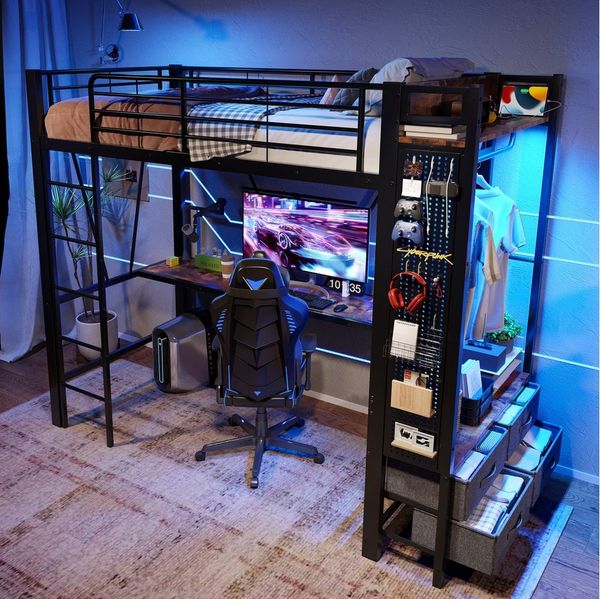 MODFU Kinderbett aus Eisen, Mit Trockenstab, Einlegeböden, 4 Schubladen (mit Schreibtisch, USB+Type-C Steckdose, LED-Beleuchtung, Geländer, Trittleiter, Lochbrett, Hochbett 90x200cm), ohne Matratze