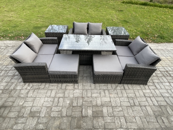 Fimous Polyrattan Gartenmöbel Set Einstellbare Höhe Esstisch Sofa Set mit Doppelsitz-Sofa 2 Großer Fußhocker 2 Beistelltische Dunkelgrau Gemischt Bild 2