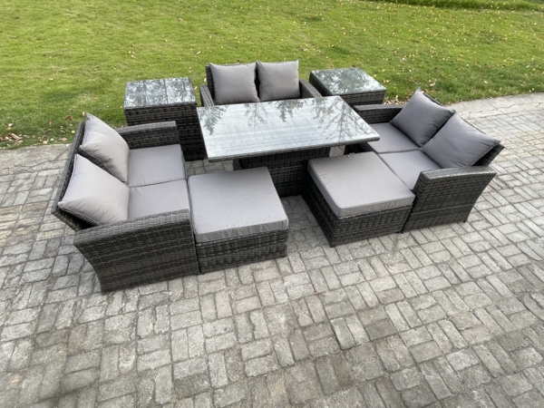 Fimous Polyrattan Gartenmöbel Set Einstellbare Höhe Esstisch Sofa Set mit Doppelsitz-Sofa 2 Großer Fußhocker 2 Beistelltische Dunkelgrau Gemischt Bild 1