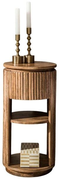 LEVEN Lifestyle Nachttisch RON rund mit 1 Schublade Nachtschrank Mango Holz, mit 1 Schublade und 2 offenen Ablagefächern