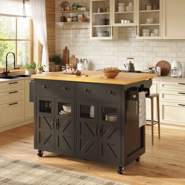 Sideboard 140x45/73x93,5 cm, mobil & klappbar, MDF mit Sicherheitsglas, schwarz