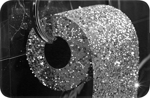 OnlyWow Badematte WC - Toilettenpapier - Schwarz und weiß - Glitter, Höhe 10 mm, Polyester, Rechteckig, Badezimmerteppich, Badteppich, Rutschfest, Badvorleger, Waschbar
