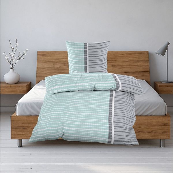 Casa Colori Bettwäsche Seersucker Garnitur 135x200 Reißverschluss in Grau Mint gestreift, Seersucker, 2 teilig, luftig leichte Sommerbettwäsche
