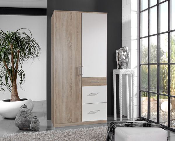 Kleiderschrank Click in Eiche Sägerau mit Weiß - Drehtürenschrank in verschiedenen Varianten wählbar - Kleiderschrank 91 cm Breite ohne Spiegel
