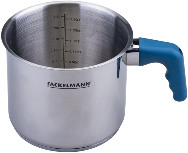 Fackelmann Milchtopf Essential Ø 14 cm aus Edelstahl mit ergonomischem Bakelit-Griff und praktischer Literskala – Ideal für alle Herdarten, Blau