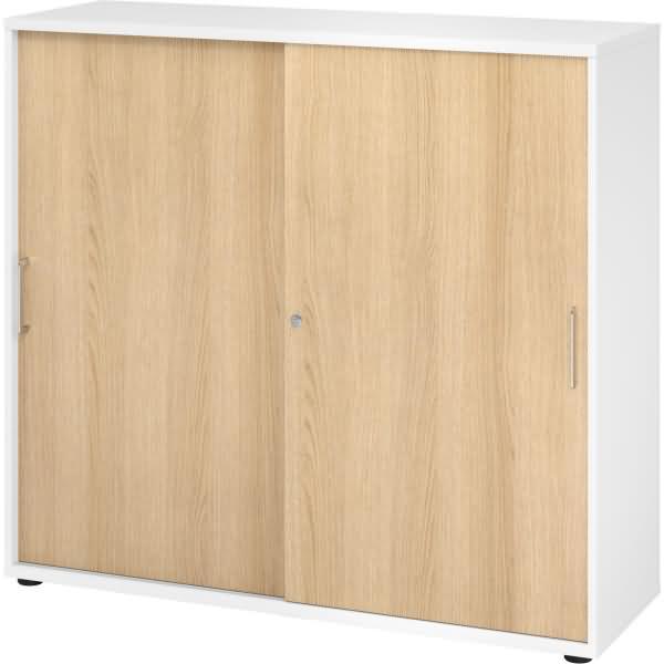 Büroschrank Aktenschrank Schiebetürenschrank, Weiß/Eiche, Metallgriff, 110 x 40 x 120 cm