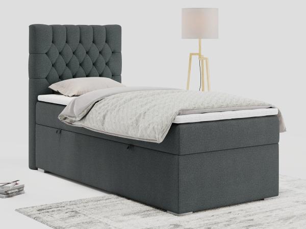 Boxspringbett PERA, Polsterbett mit Kopfstütze, gepolsterte Kopfstütze, Einzelbett, 90x200 - Dunkelgrau Stoff - links - H4