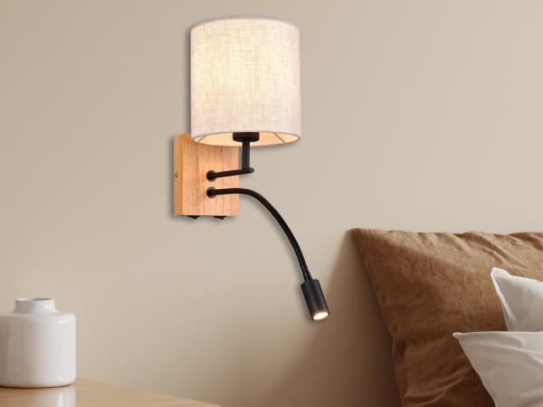 Wandleuchte NILAM mit LED Leselampe & rundem Stoffschirm in Beige, Höhe 30cm