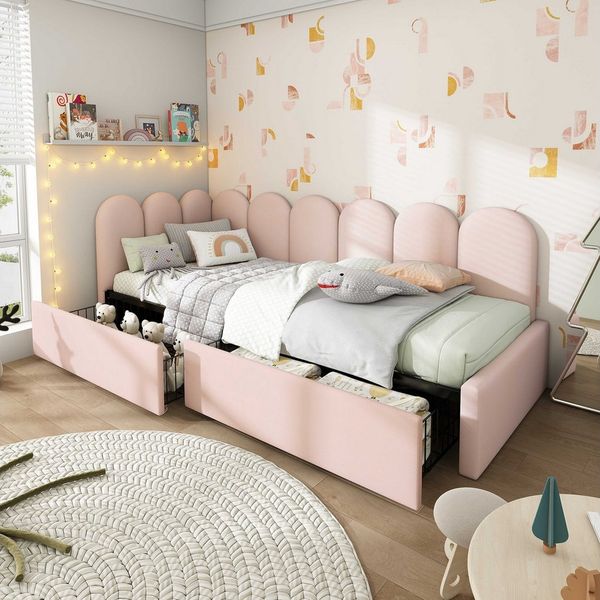 BlingBin Einzelbett Polsterbett Stauraumbett Tagesbett 90×190/200cm (1-tlg, Samt Daybett mit Schubladen), Lattenrost, Rosa, Schlafsofa 90x200cm