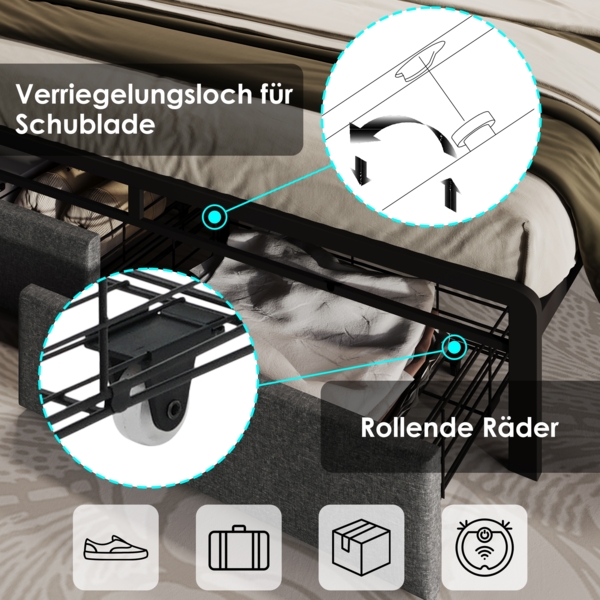Bettgestell 140x200 cm mit LED-Kopfteil,Stauraum-Kopfteil & 2 Schubladen,Leinen Grau,USB & Typ-C Ladeanschlüsse Bild 6