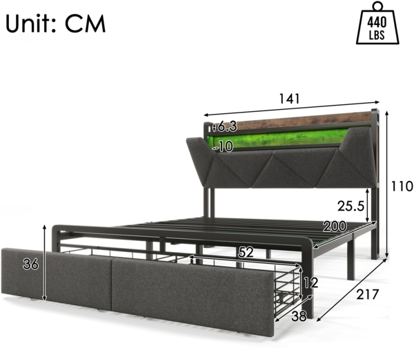 Bettgestell 140x200 cm mit LED-Kopfteil,Stauraum-Kopfteil & 2 Schubladen,Leinen Grau,USB & Typ-C Ladeanschlüsse Bild 8