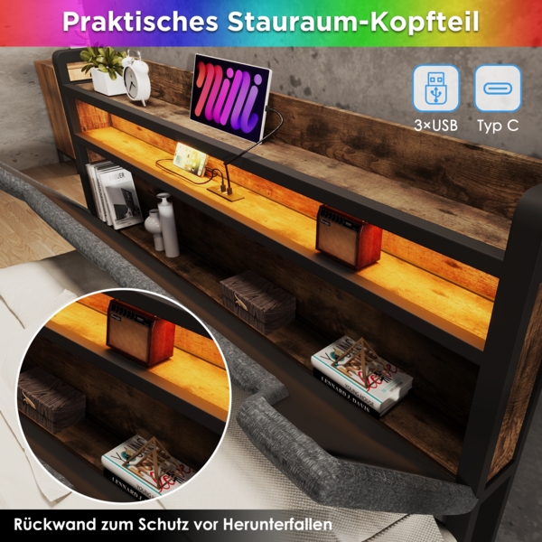 Bettgestell 140x200 cm mit LED-Kopfteil,Stauraum-Kopfteil & 2 Schubladen,Leinen Grau,USB & Typ-C Ladeanschlüsse Bild 7