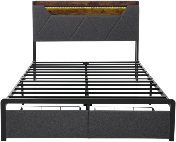 Bettgestell 140x200 cm mit LED-Kopfteil,Stauraum-Kopfteil & 2 Schubladen,Leinen Grau,USB & Typ-C Ladeanschlüsse Bild 9