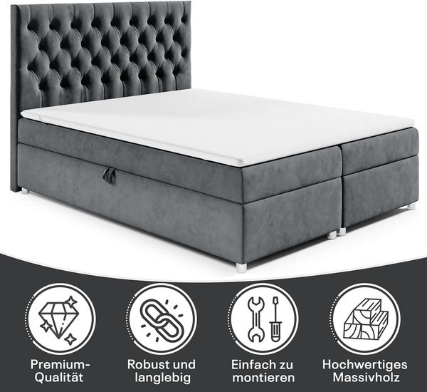 Best for Home Boxspringbett mit Bettkasten Doppelbett Trinity K14 Bonellfederkern inkl 7cm Topper (140x200 160x200 180x200 200x200 cm, Bonell-Matratze, gepolstertes Kopfteil, Polsterbett versch. Größen), mit oder ohne Topper, Flexible Liefermöglichkeit...