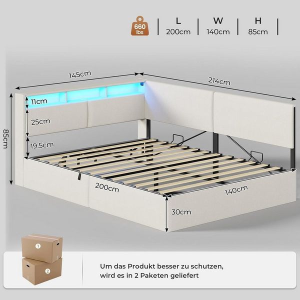MSMASK Polsterbett mit USB-Steckdosen & LED-Kopftei, Hydraulischem Stauraum (1-tlg, Ohne Matratze), Daybett Kinderbett Jugendbett Schlafsofa 140x200 cm