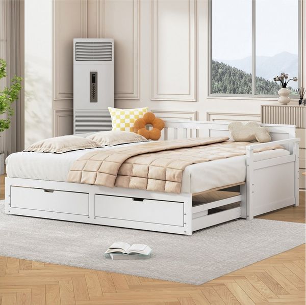 Odikalo Schlafsofa Schlafcouch 90x190 Tagesbett mit Schubladen, Multifunktionales Zwei-in-Eins-Tagesbett 90 (180) x 190 mit Kiefernbett, Schubladen und Ausziehbett Grau / Weiß