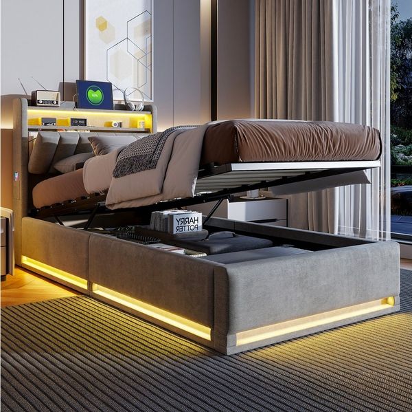 Gdood Polsterbett Stauraumbett Doppelbett LED, Samtstoff (1-tlg, Type-C + USB, Hydraulisch hebbarer Stauraum), Mit Bettkasten, LED-Beleuchtung, USB-Anschluss, 90x200 cm
