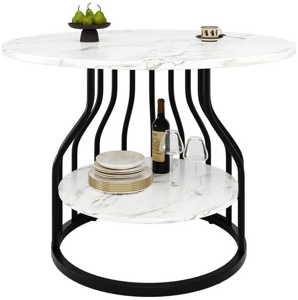KLAM HOME Esstisch Runder Esstisch (80×80×76cm), Küchen-Esstisch, runder Couchtisch (Kleine runde Platte in der Mitte zur Aufbewahrung), MDF-Marmor-Tischplatte, geeignet für Esszimmer, Wohnzimmer