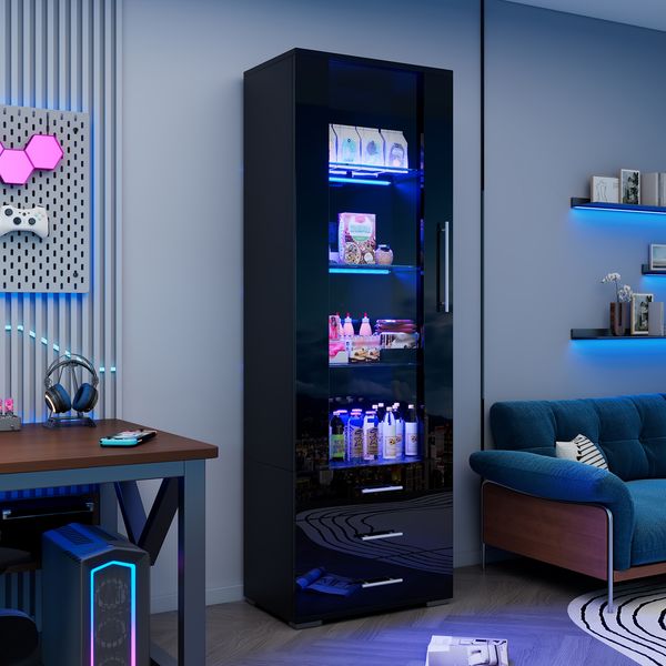 Vitrine 60x35x180 cm, Schwarz Hochglanz mit LED-App, 1 Tür & 3 Schubladen
