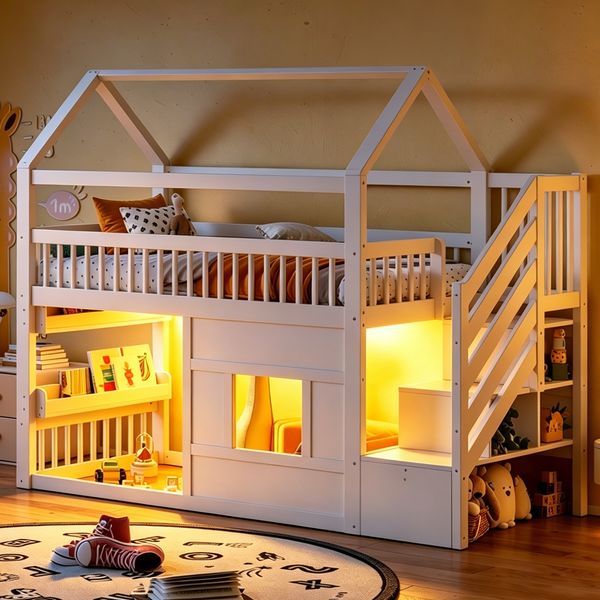 Merax Hochbett, Kinderbett Hausbett 90x200cm mit Stauraumtreppe und LED-Beleuchtung, Weiß