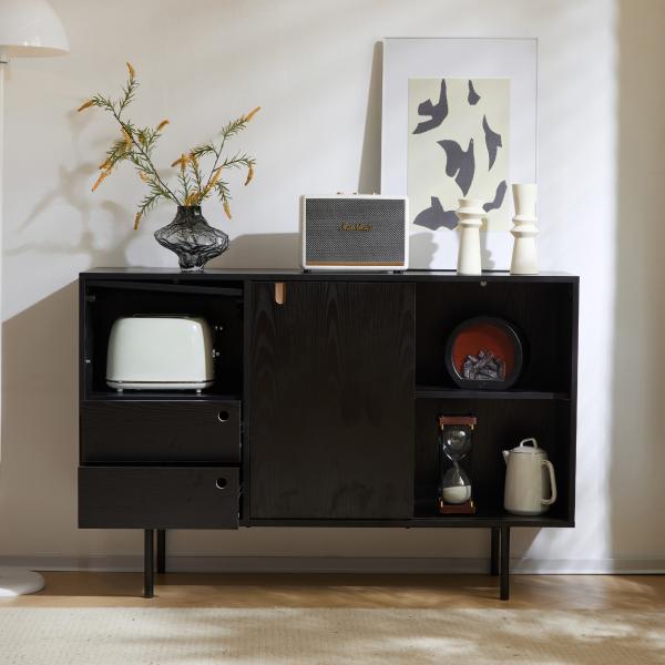 Merax Moderner Sideboard, Kommode im zweifarbigen Design, mit 2 Schubladen und 3 Türen, B 120 cm / T 35 cm / H 78 cm, Schwarz