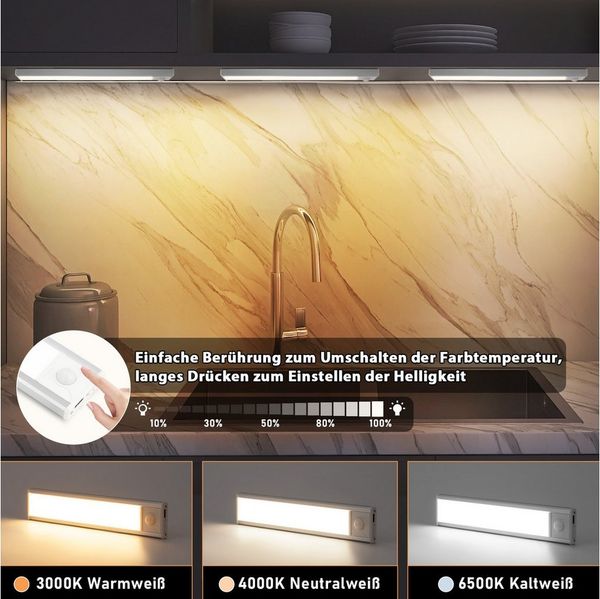 Nettlife LED Unterbauleuchte mit Bewegungsmelder 20/30/40CM Küche Schrankbeleuchtung Dimmbar USB, Dimmbar, LED fest integriert, 3 Farbtemperatur Aufladbar Schrankleuchte für Flur Cabinet