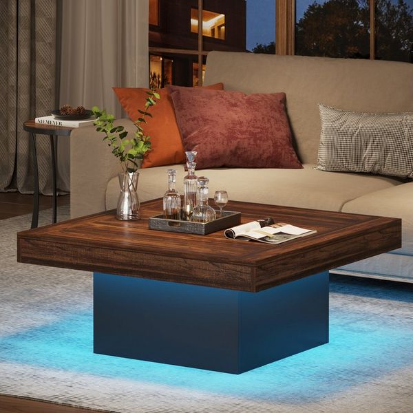Tribesigns Couchtisch 90 cm Quadratischer LED-Couchtisch im Landhausstil mit App-Steuerung (90 x 90 x 45 cm Großer Sofatisch Holz für Wohnzimmer, einfache Montage), Wohnzimmertisch in Walnussoptik