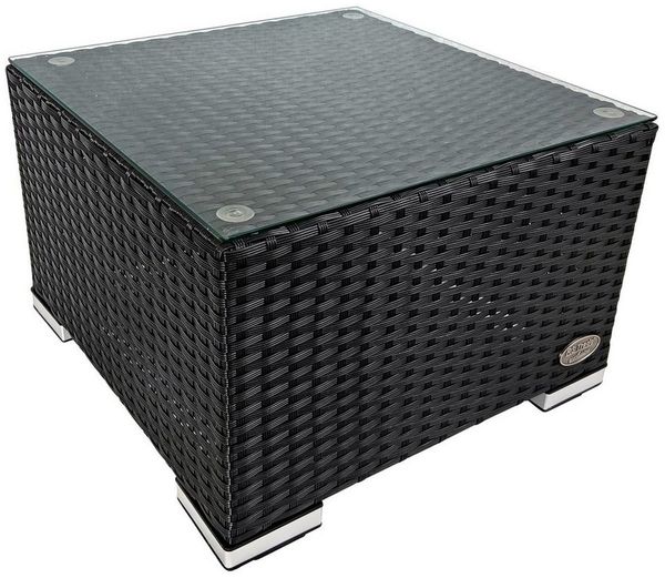 RS Trade® 'Toscana' Polyrattan Beistelltisch mit verstärktem Alu-Gerüst und Temperglas Tischplatte, mit Spannbändern und höhenverstellbaren Standfüßen, schwarz