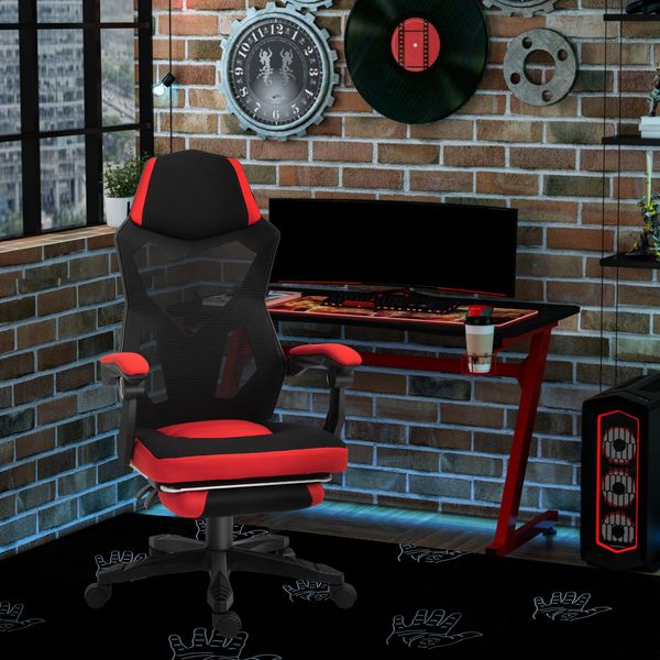Gamingstuhl 58 x 63 x 112-122 cm mit Fußstütze – höhenverstellbarer Bürostuhl aus Polyester in Schwarz