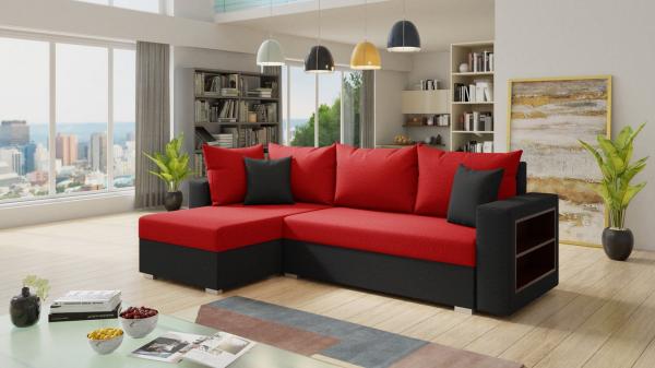 Ecksofa Lord mit praktischen Regal - Sofa mit Bettkasten und Schlaffunktion, Schlafsofa, Polsterecke, Couch L-Form, Couchgarnitur, Sofagarnitur (Schwarz + Rot (Alova 04 + 46), Ecksofa Links)