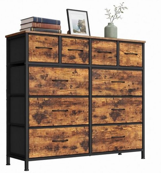 SONGMICS Kommode mit 10 Stoffschubladen, Aufbewahrungsschrank mit Metallgestell, 98,7 x 30 x 96,2 cm, Braun