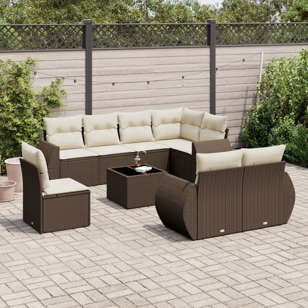 vidaXL 9-tlg. Garten-Sofagarnitur mit Kissen Braun Poly Rattan 3221652