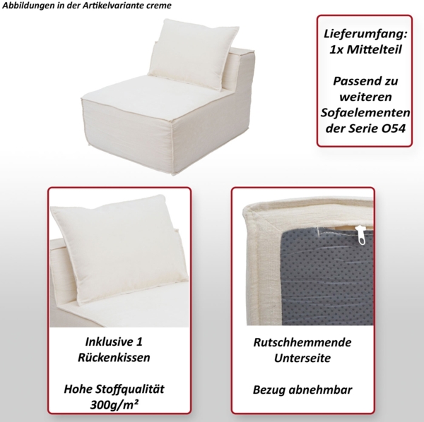 Sessel/Zubehör für Sofa HWC-O54, Loungesessel Polstersessel Mittelteil, Stoff/Textil (300g/m²) 63x75x97cm ~ creme Bild 2